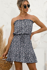 Floral Print Tie Waist Strapless Mini Length Dress