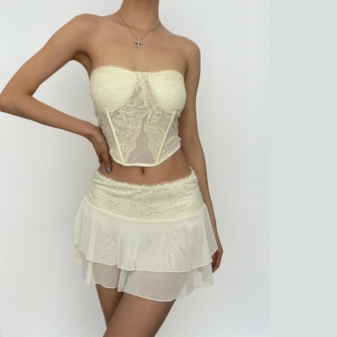 Mesh solid sleeveless backless lace hem tube top skirt set