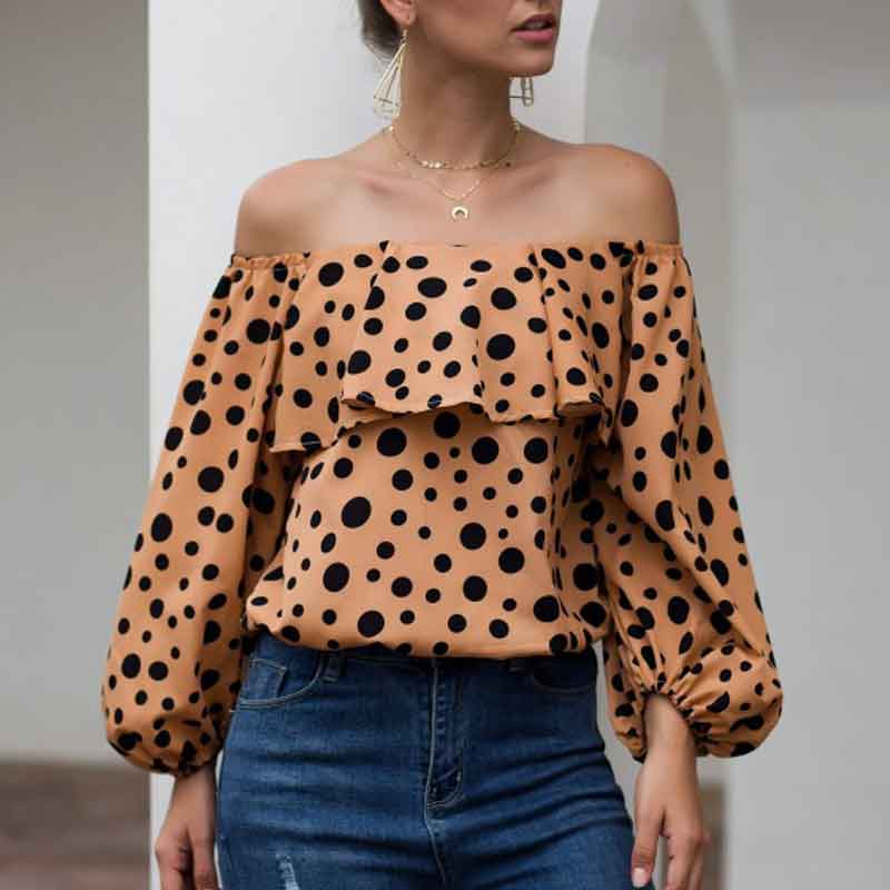 Women Sexy Off The Shoulder Puff Sleeve Polka Dot Shirt Top