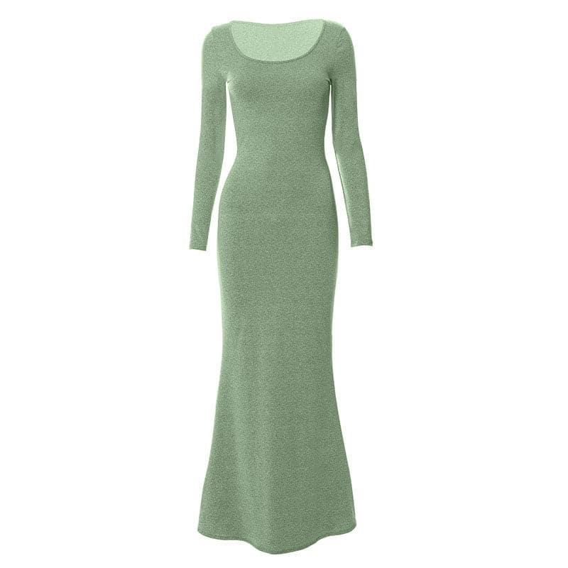 Solid long sleeve round neck mermaid hem maxi dress