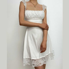 Lace hem solid cap sleeve zip-up ruched lace up mini dress