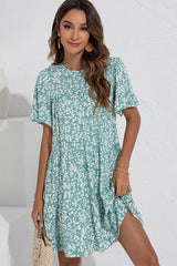 Floral Print Ruffled Round Neck Casual Dress