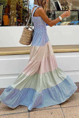 Colorblock Striped Straps Smocked Maxi Dress