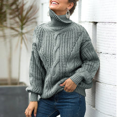 Women's High Collar Twist Pullover Long Sleeve Sweater