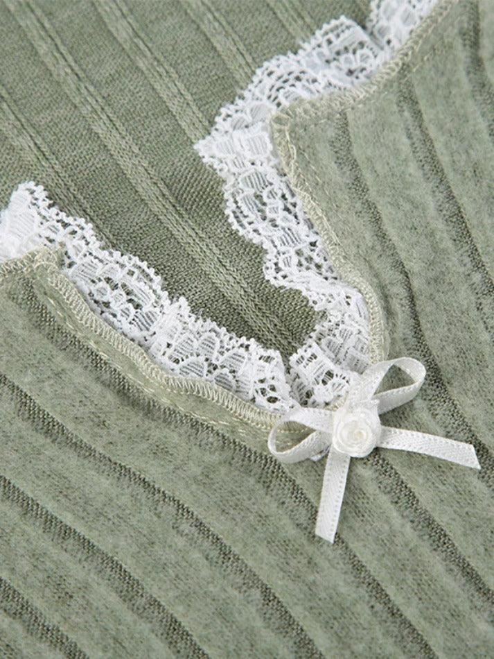 Lace Trim Notch Neck Irregular Cropped Long Sleeve Knit