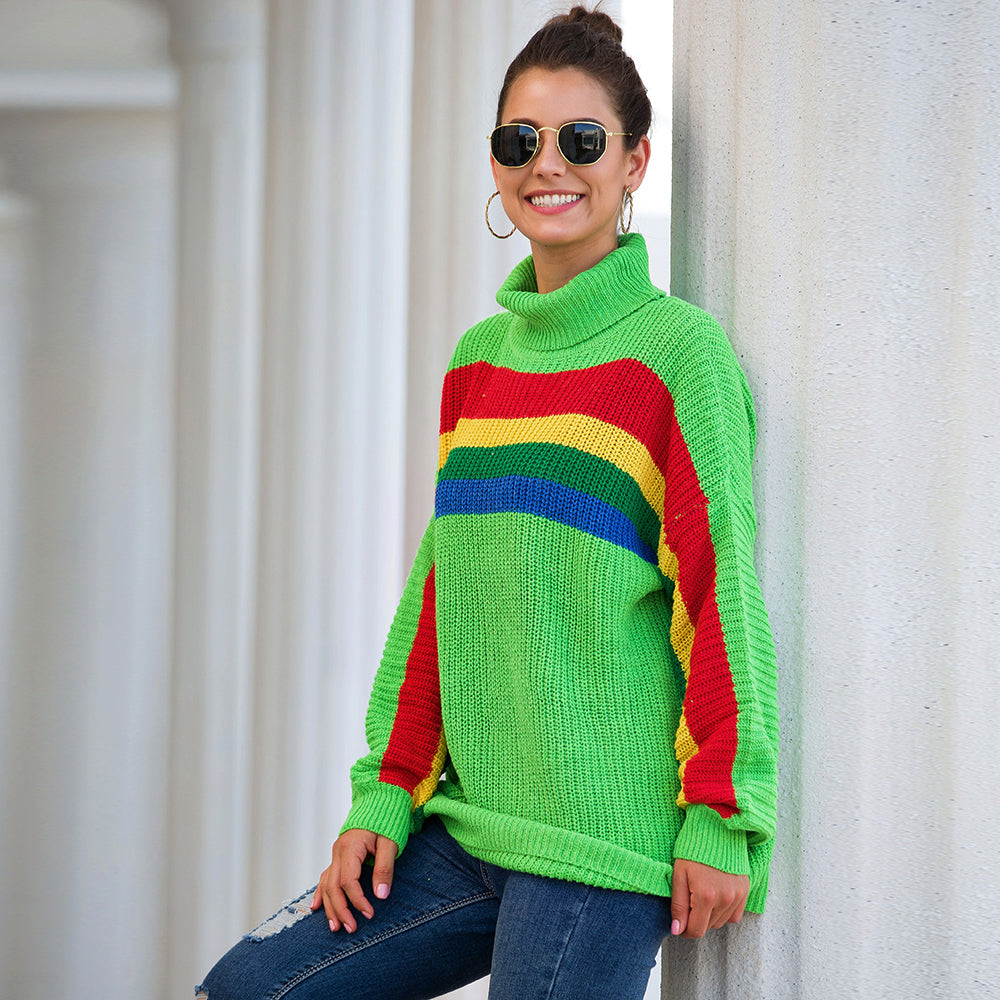 Women's High Collar Rainbow Stripes Knit Long Sweater