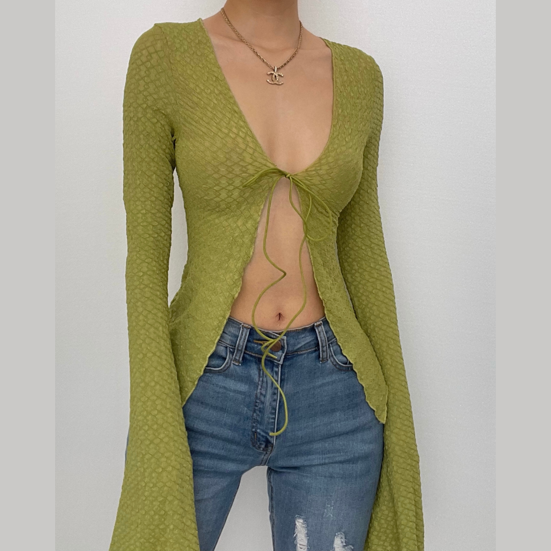 Textured solid slit flared sleeve ruffle self tie crop top