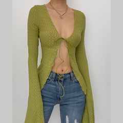 Textured solid slit flared sleeve ruffle self tie crop top