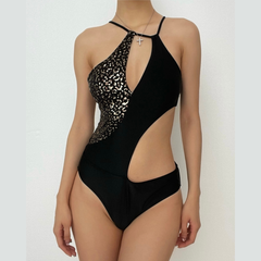 One shoulder hollow out leopard irregular one piece swimwear