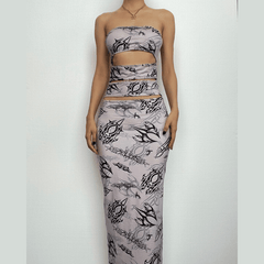 Abstract contrast hollow out backless tube maxi dress