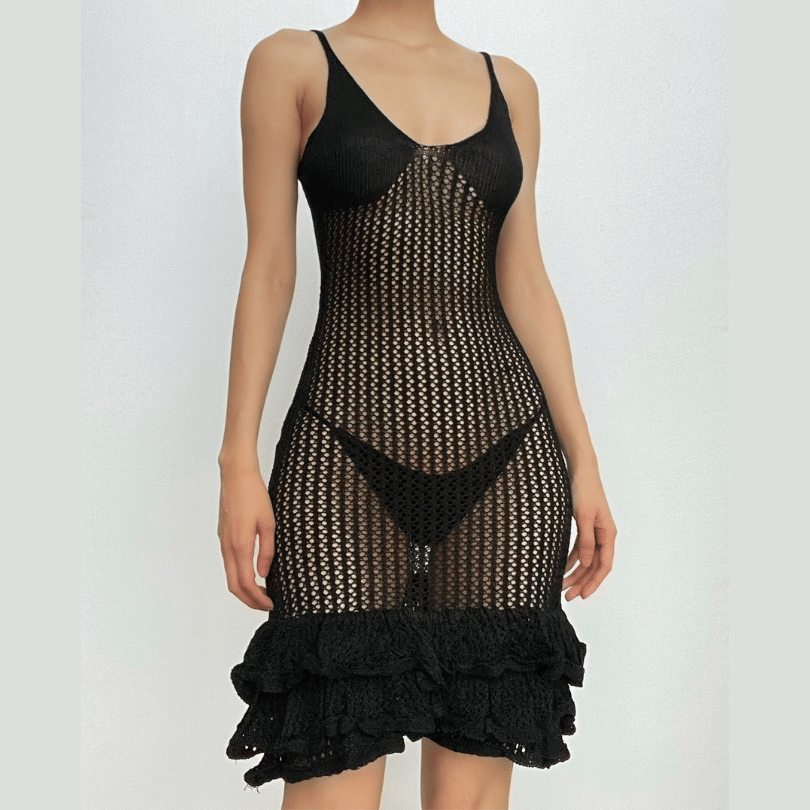 Crochet v neck sleeveless hollow out ruffle mini dress