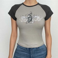 Short sleeve abstract patchwork contrast top