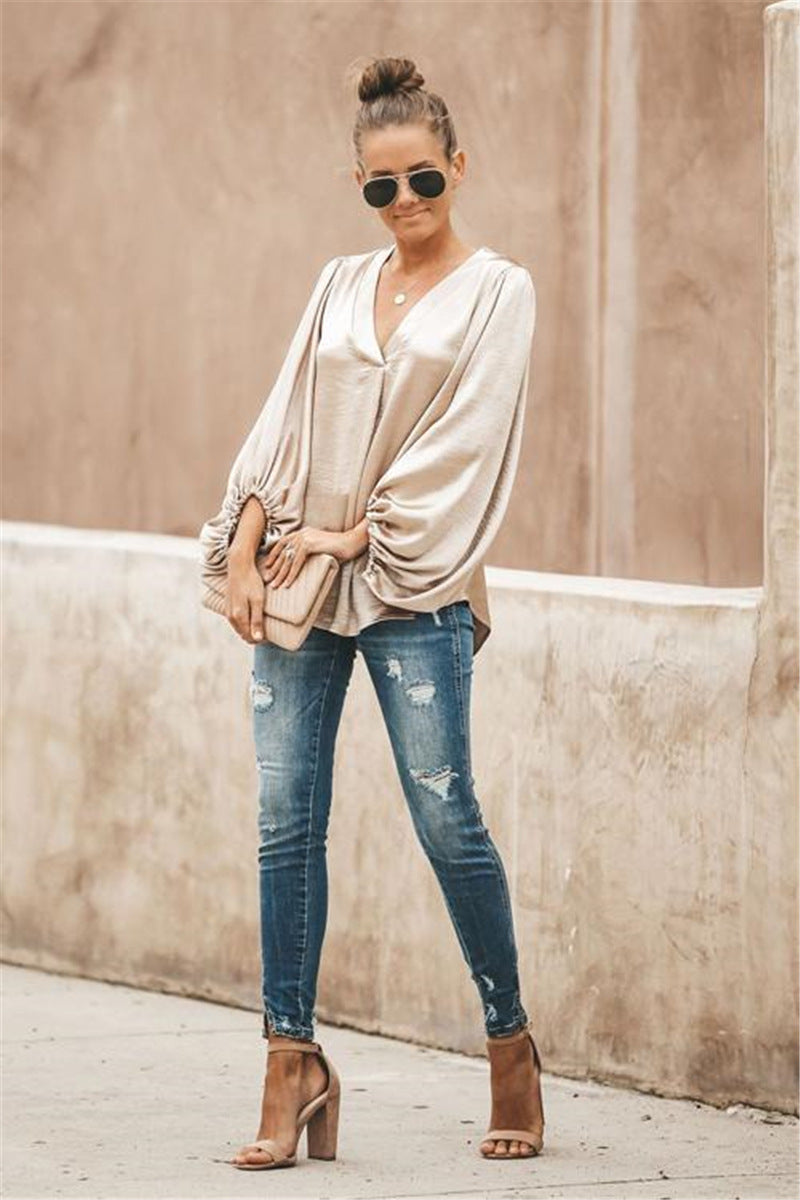 Women V Neck Lantern Sleeve Loose Shirt