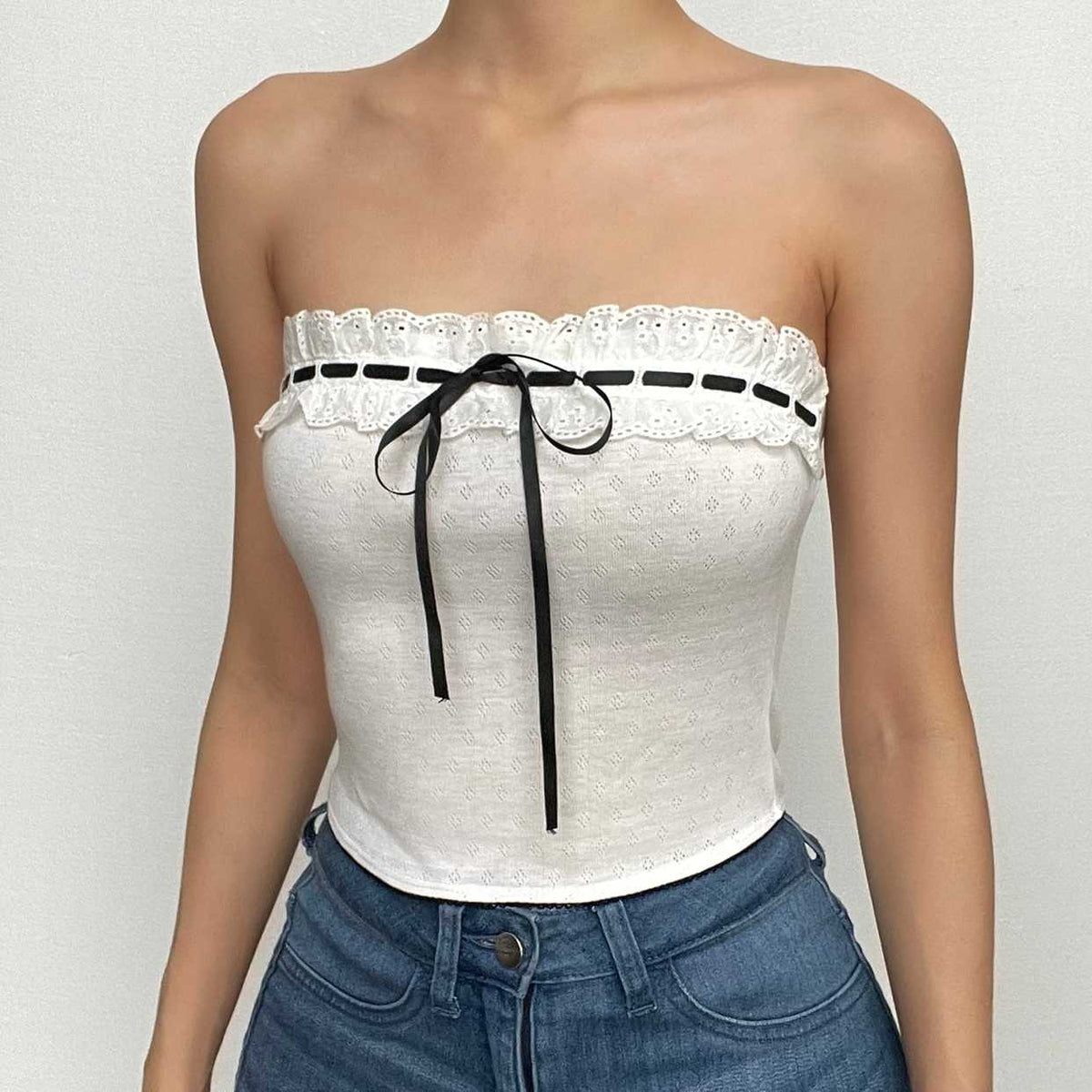 Contrast stitch lace hem self tie backless tube crop top