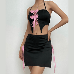 Bowknot halter contrast self tie backless mini skirt set