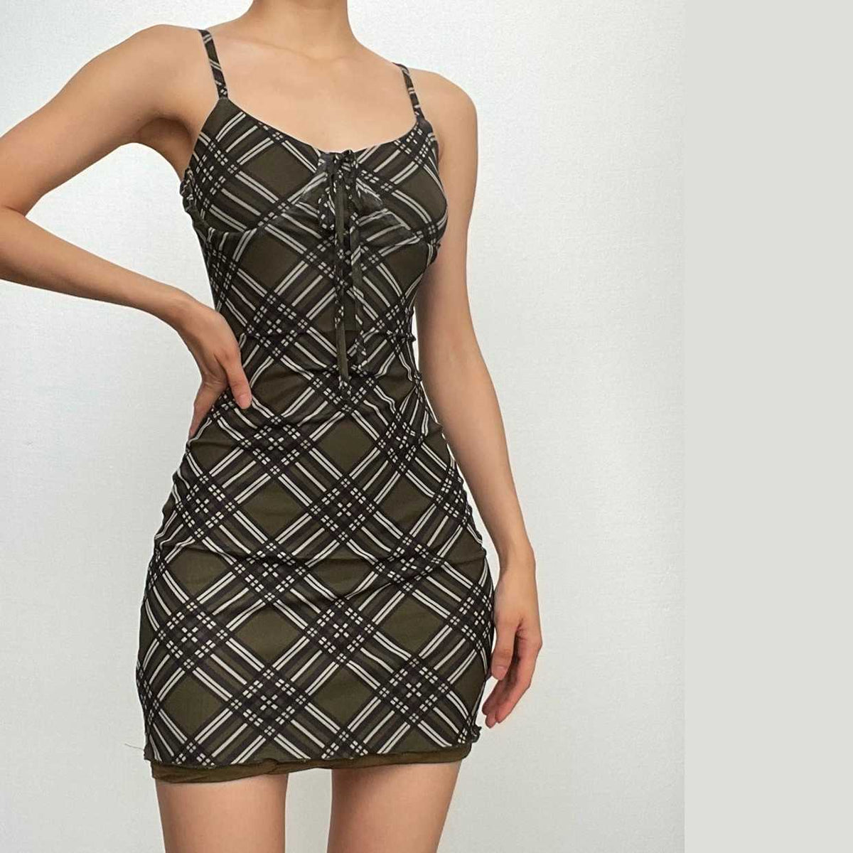 Plaid contrast print ruffle low cut backless cami bodycon dress