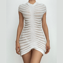 Short sleeve solid textured striped mini dress