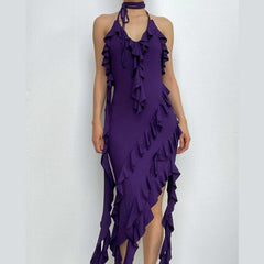 Solid ruffle irregular halter backless self tie v neck maxi dress