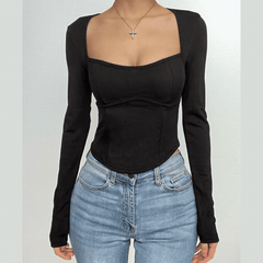 Ribbed long sleeve heart neck solid corset top