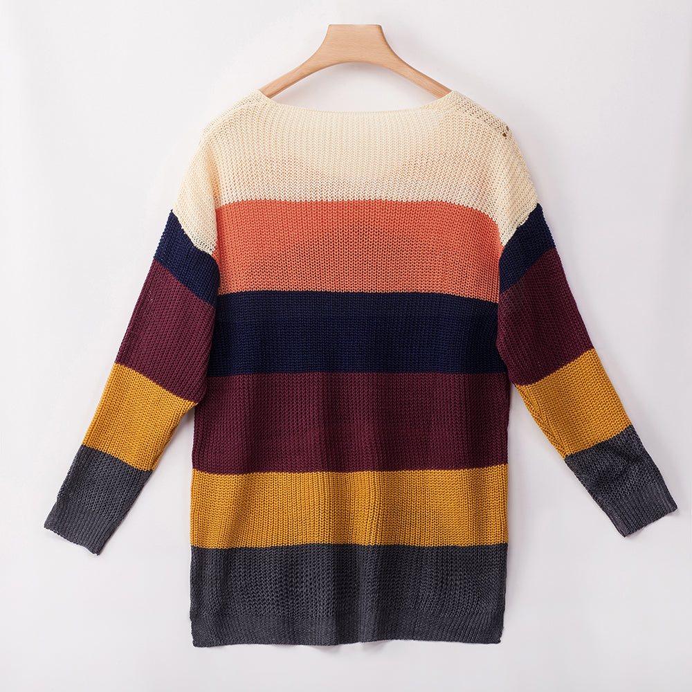 Women's Loose V-neck Rainbow Stripes Long Sweater