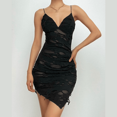 Textured v neck solid spaghetti strap backless mini dress
