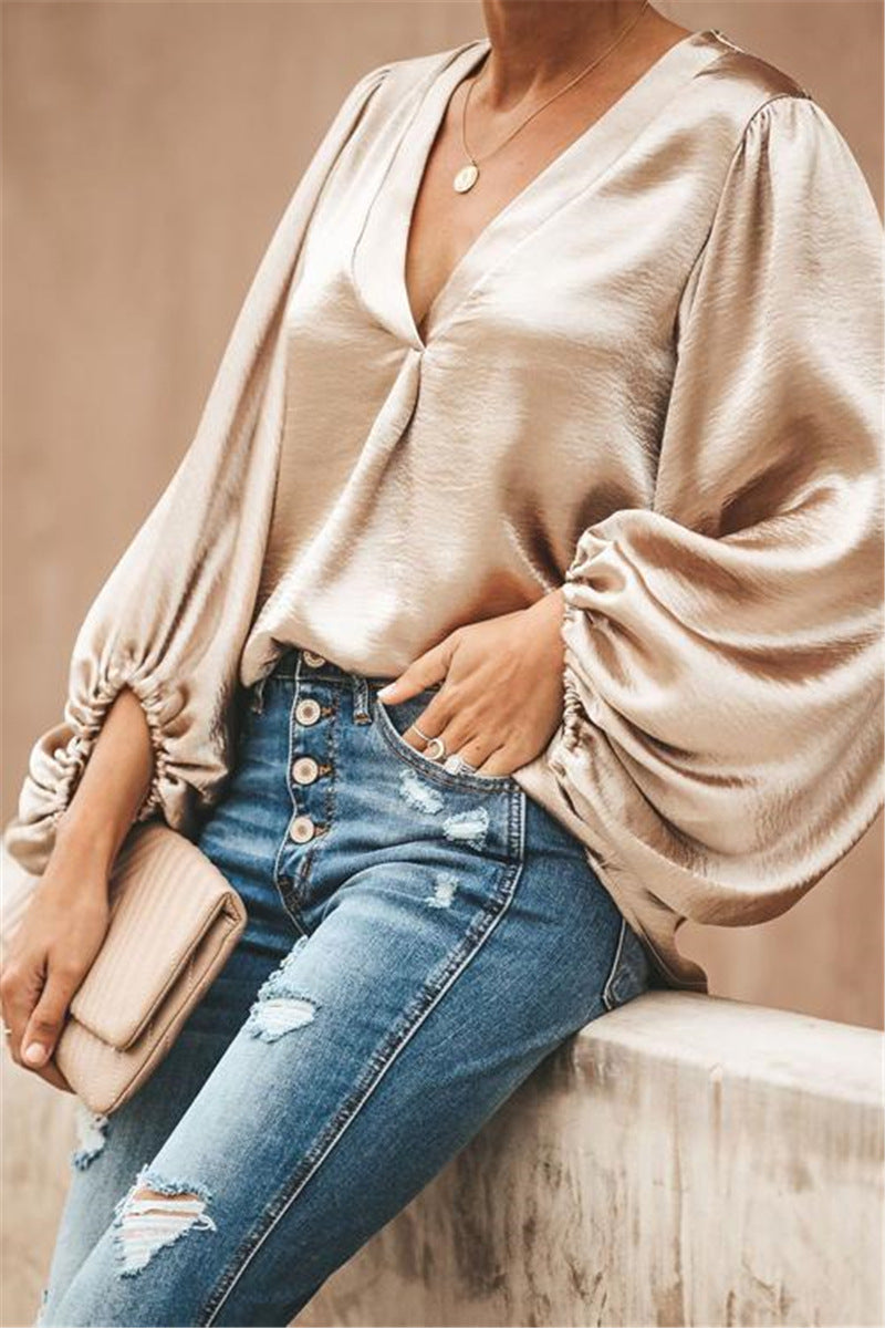 Women V Neck Lantern Sleeve Loose Shirt