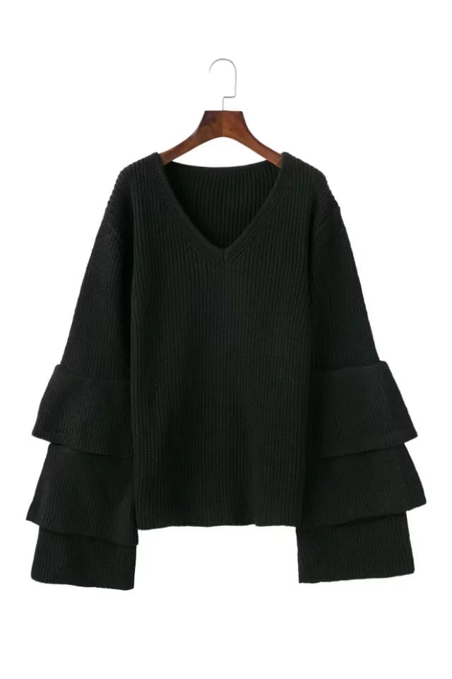 V-neck Flared Sleeve Sweater Tops