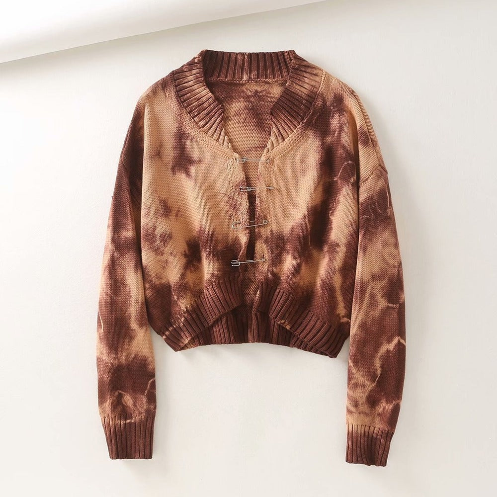 Tie-dye Brooch Button Knitting Sweater Cardigan