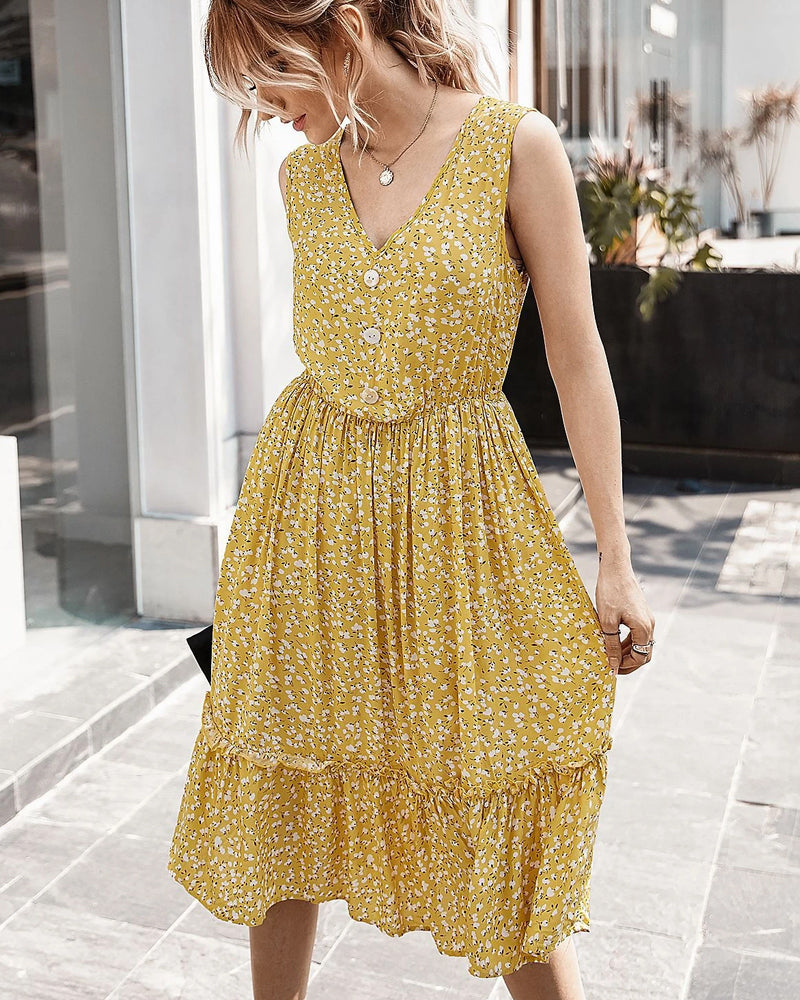 V-neck Button Floral Midi Maxi Dresses
