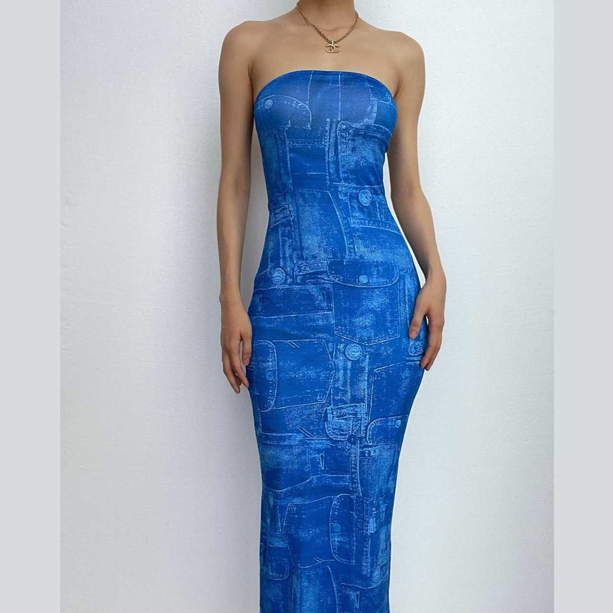 Denim print contrast backless tube maxi dress