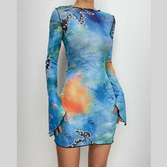 Sheer mesh long sleeve print hollow out dress