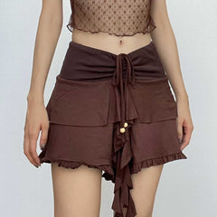 Drawstring ruffle patchwork A line mini skirt