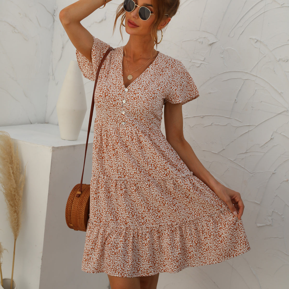 Fashion Printed Ruched Short Sleeve Dress