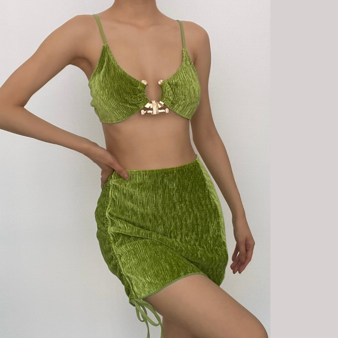 Textured o ring drawstring solid 3 piece swimwear