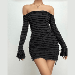 Textured off shoulder long flared sleeve solid mini dress