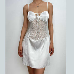 Lace patchwork self tie solid ruched backless cami mini dress