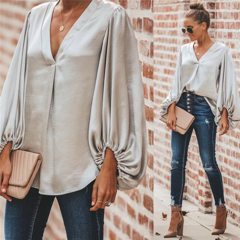 Women V Neck Lantern Sleeve Loose Shirt