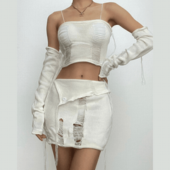 Crochet solid backless gloves tube mini skirt set