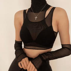 Sheer mesh see-through high neck off shoulder top