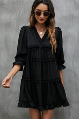 Solid Black and Ruffled V Neck Mini Dress