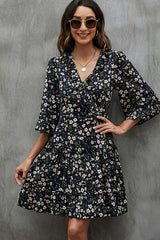 V Neck Half Sleeve Floral Print Mini Dress