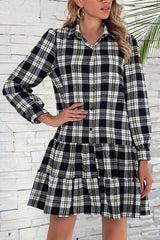 Florcoo Plaid Shirt Long Sleeve Single Dress