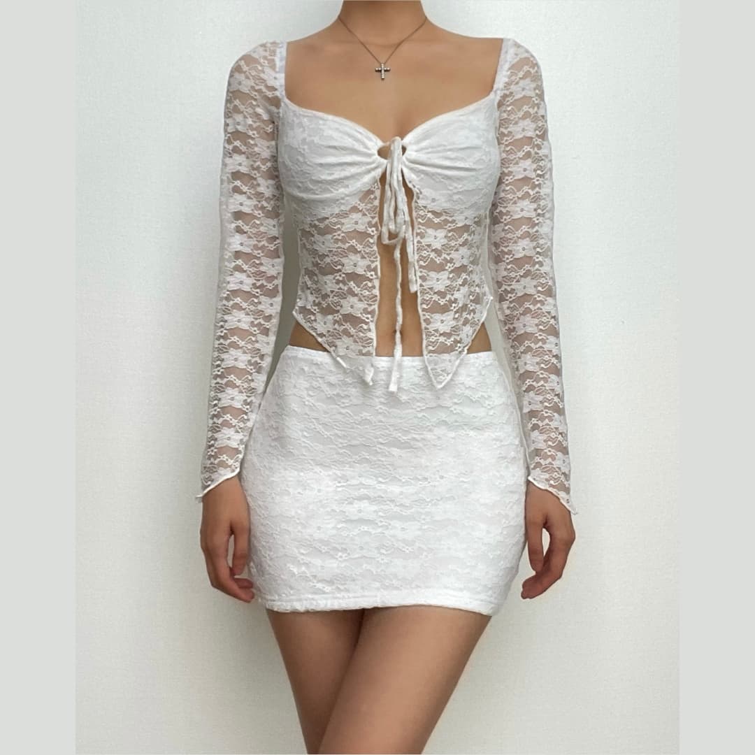 Self tie long sleeve lace v neck mini skirt set