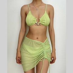 Solid textured o ring mesh ruched 3 piece swimwear