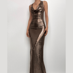 Metallic cowl neck ruched halter backless maxi dress