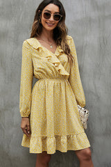 V Neck Floral Print Ruffled Mini Dress