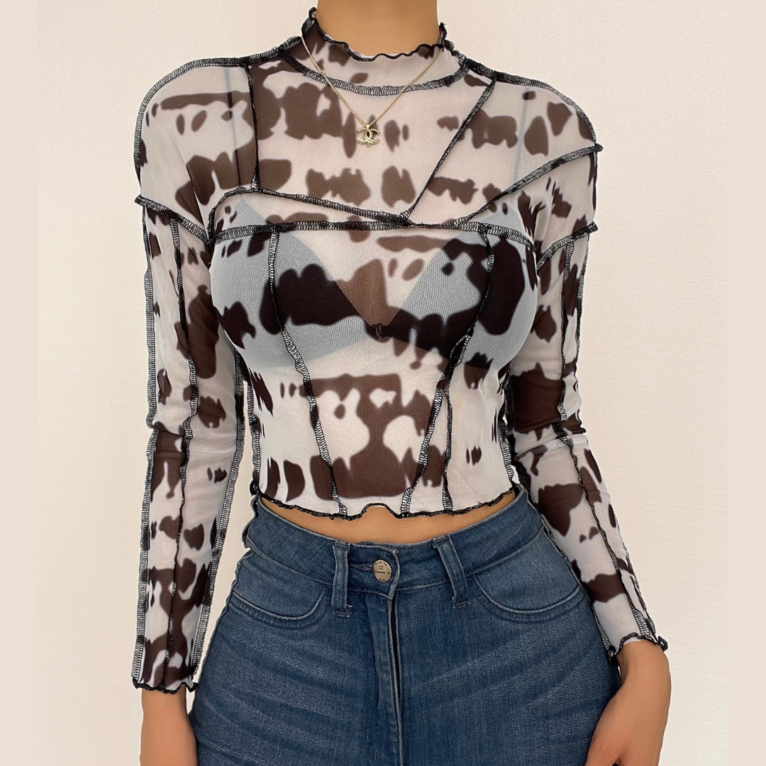 Sheer mesh see through print stitch ruffle open back top