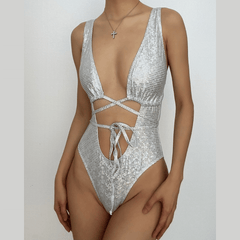 Cross front solid metallic hollow out padded one piece swimwear