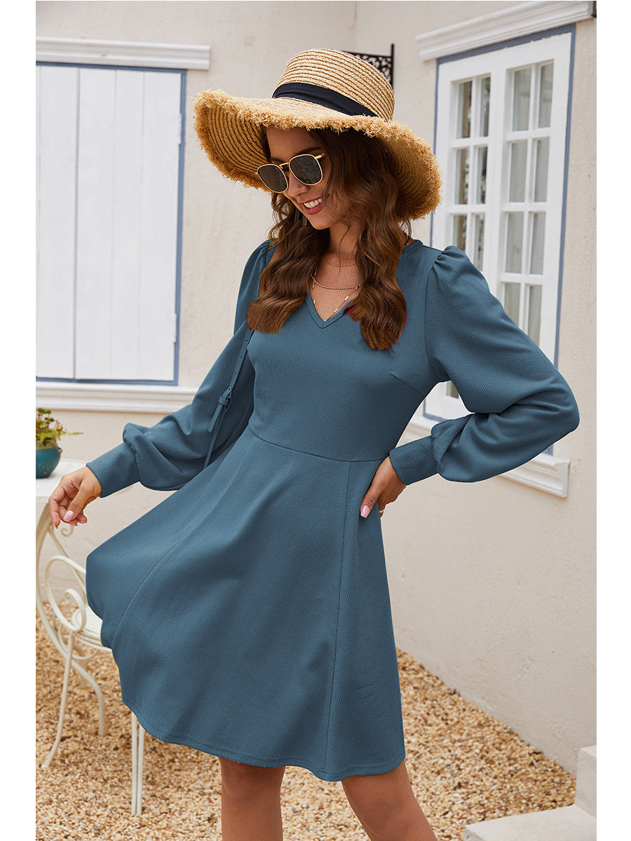 V-neck Long Sleeve Waistband Mini Dress