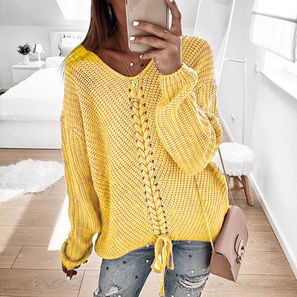 Women's Loose V-neck Stitching Sweater